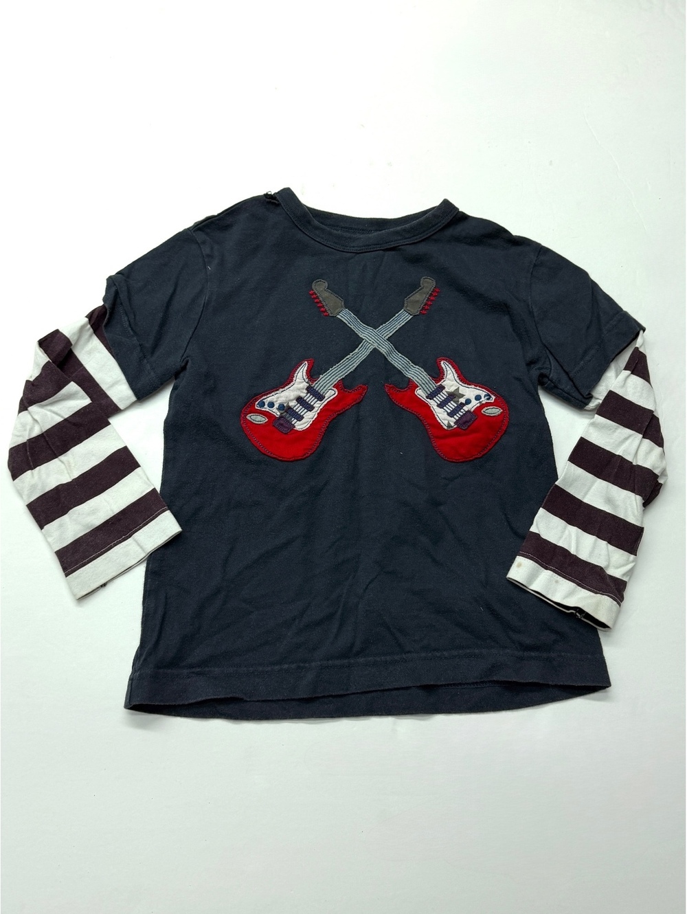 Mini Boden Navy Blue Electric Guitar Appliqué Layered Long Sleeve Tee 4-5 *FLAW